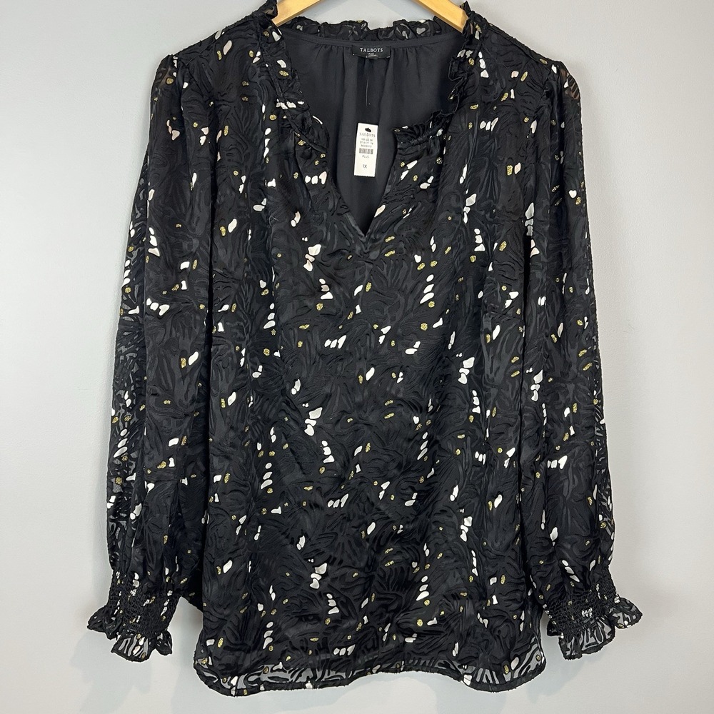 Talbots Black Velvet Burnout Popover Top Womens Size 1X NWT Sheer Sleeves